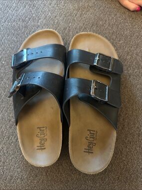 Hey Girl Black Double-Buckle Slide Sandals